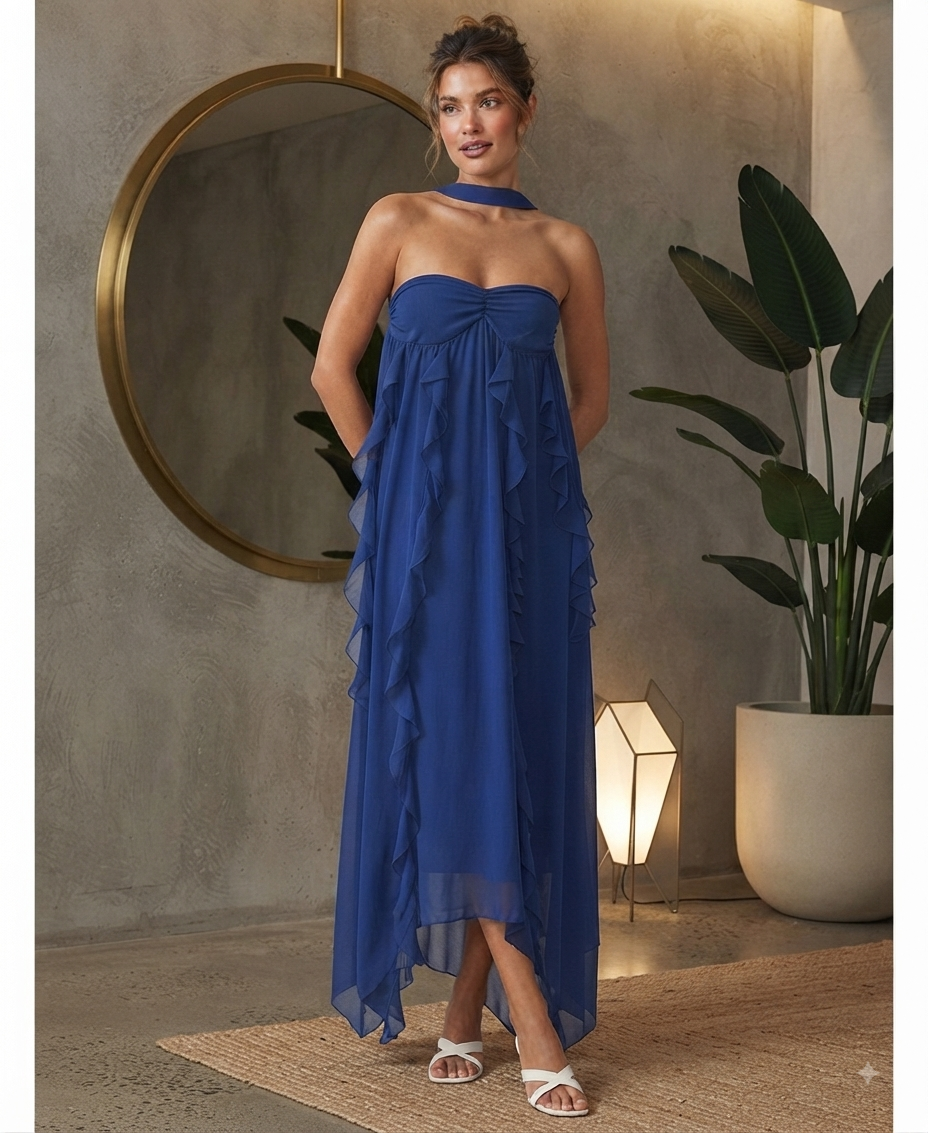 New SKY TO MOON "Lainey Maxi" Blue Chiffon Ruffle Dress Size Large