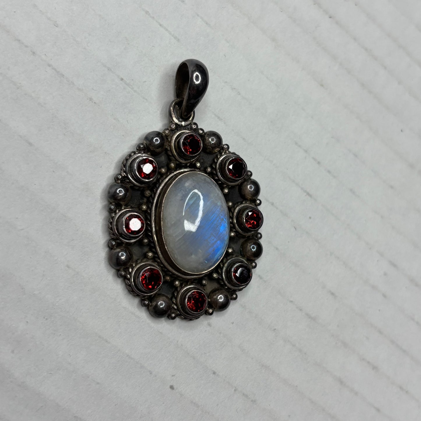 Artisan Sterling Silver Rainbow Moonstone & Garnet Pendant
