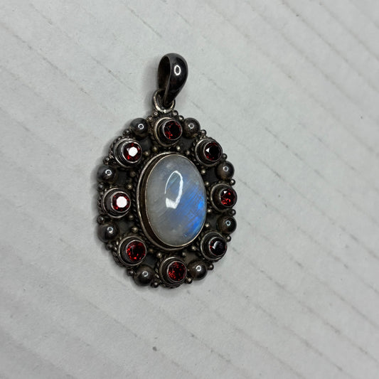 Artisan Sterling Silver Rainbow Moonstone & Garnet Pendant