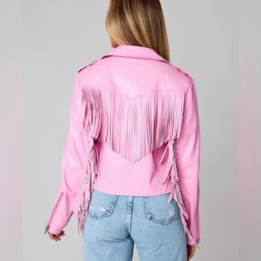 *New* BUDDY LOVE Francesca Fringe Vegan Leather Jacket in Pink Size Large