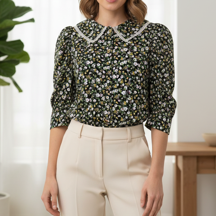 H by HALSTON Floral Lace Collar Puff Sleeve Blouse Size Medium