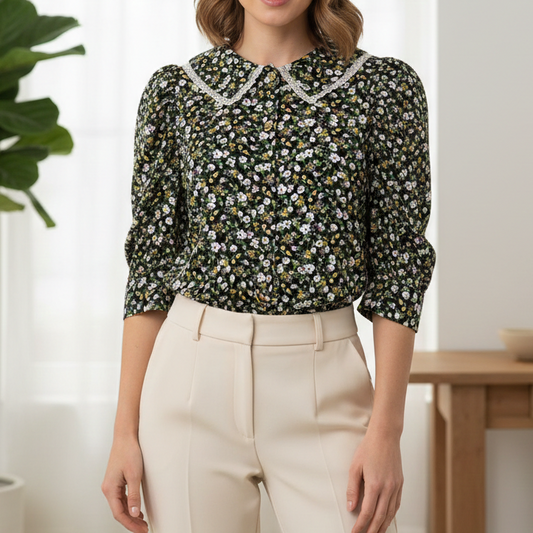 H by HALSTON Floral Lace Collar Puff Sleeve Blouse Size Medium