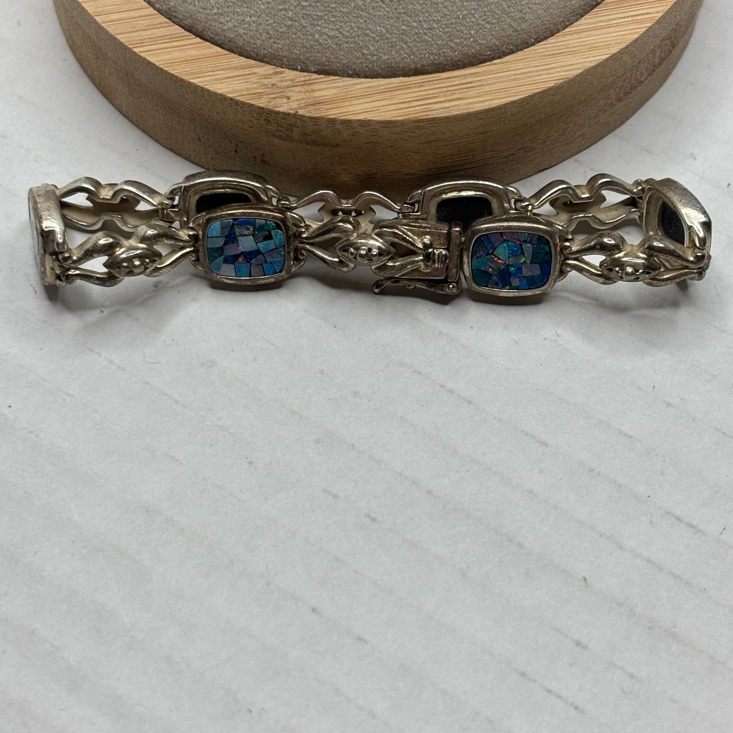 Vintage Sun Jewelry Sterling Silver Mosaic Opal Link Bracelet