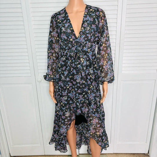 New BUDDY LOVE Aisha High-Low Chiffon V-Necktie Ruffle Dress Size XS