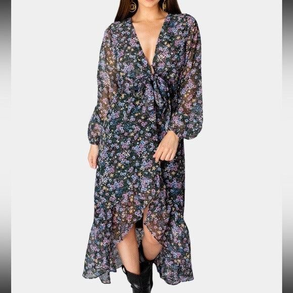 New BUDDY LOVE Aisha High-Low Chiffon V-Necktie Ruffle Dress Size XS