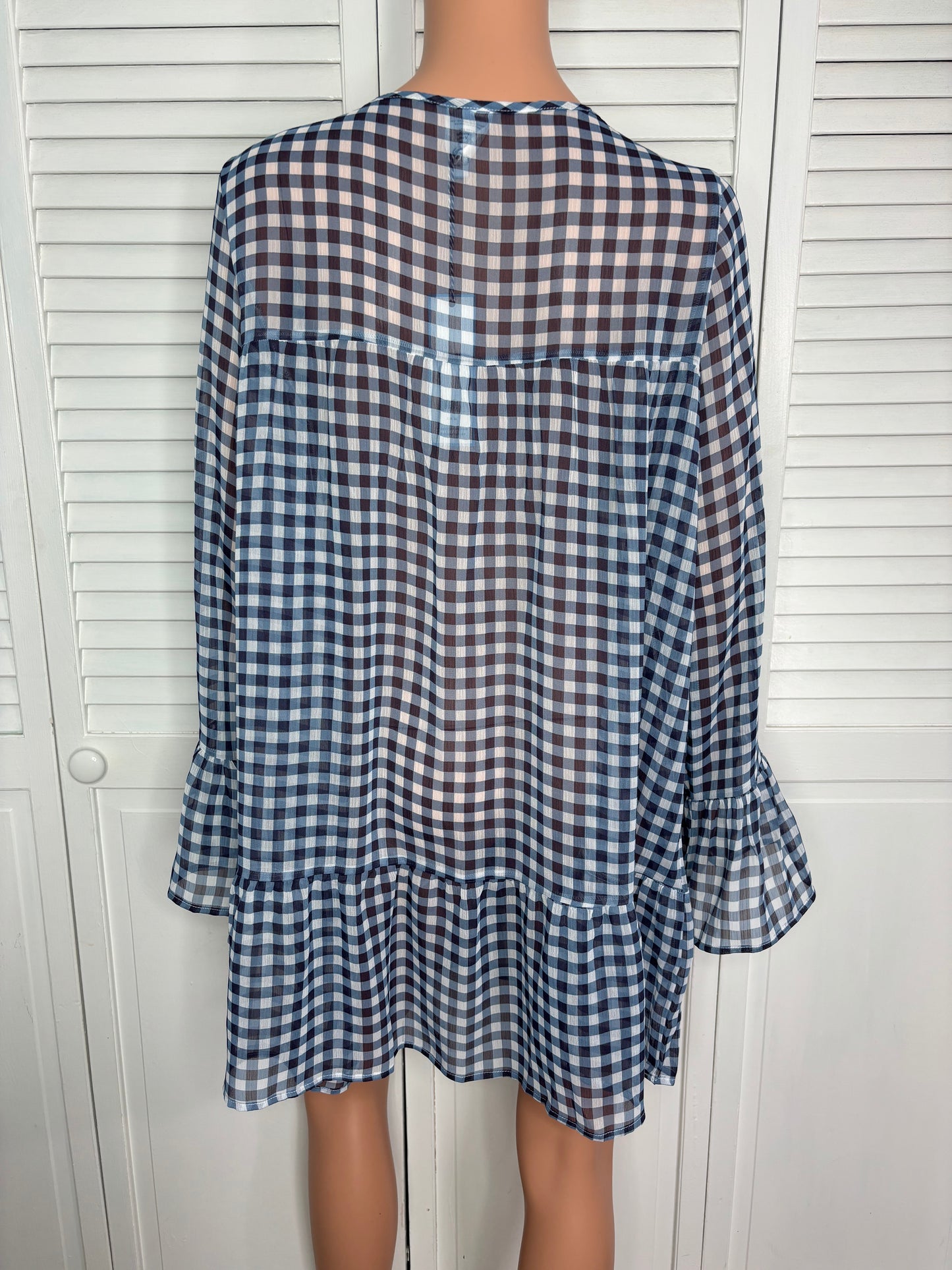 DRAPER JAMES Navy and White Gingham Sheer Tie-Front Swim Coverup Size Small