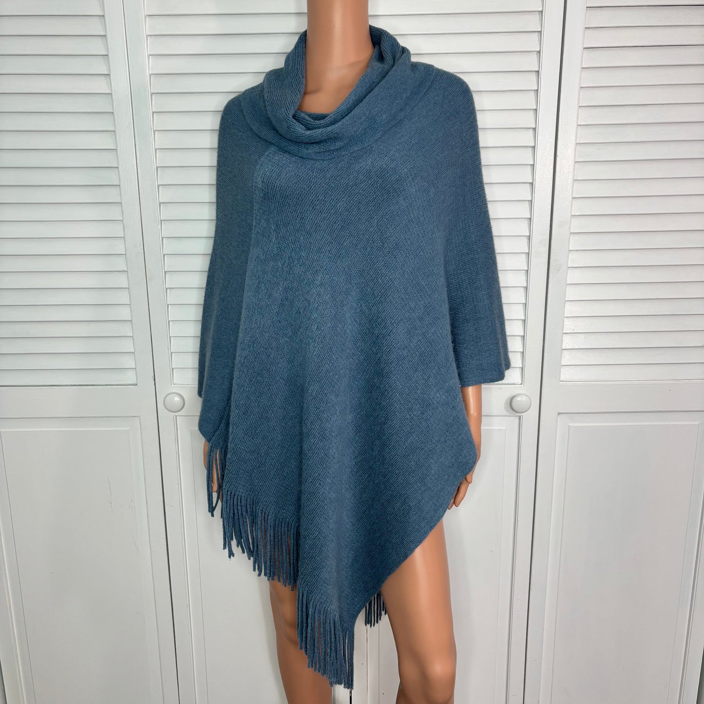 CHICO’S Blue Metallic Cowl Neck Fringe Poncho