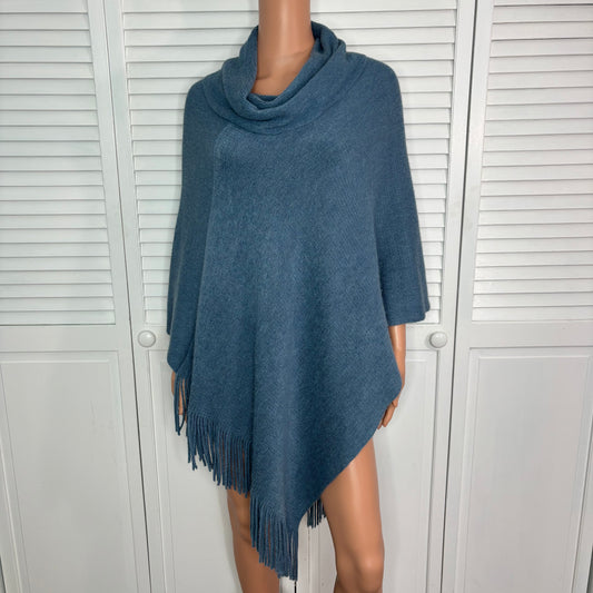 CHICO’S Blue Metallic Cowl Neck Fringe Poncho