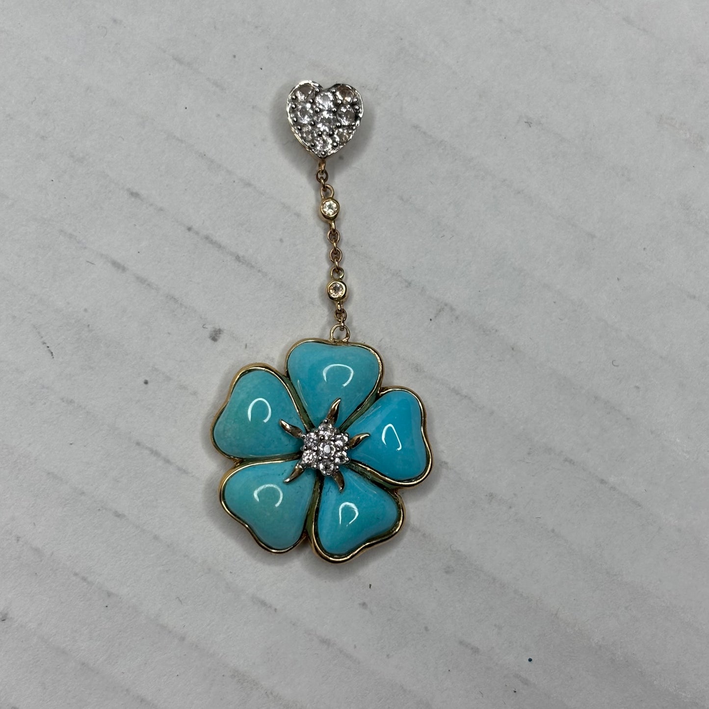 Solid 14K Gold Turquoise & Diamond Flower Pendant with Heart Bail