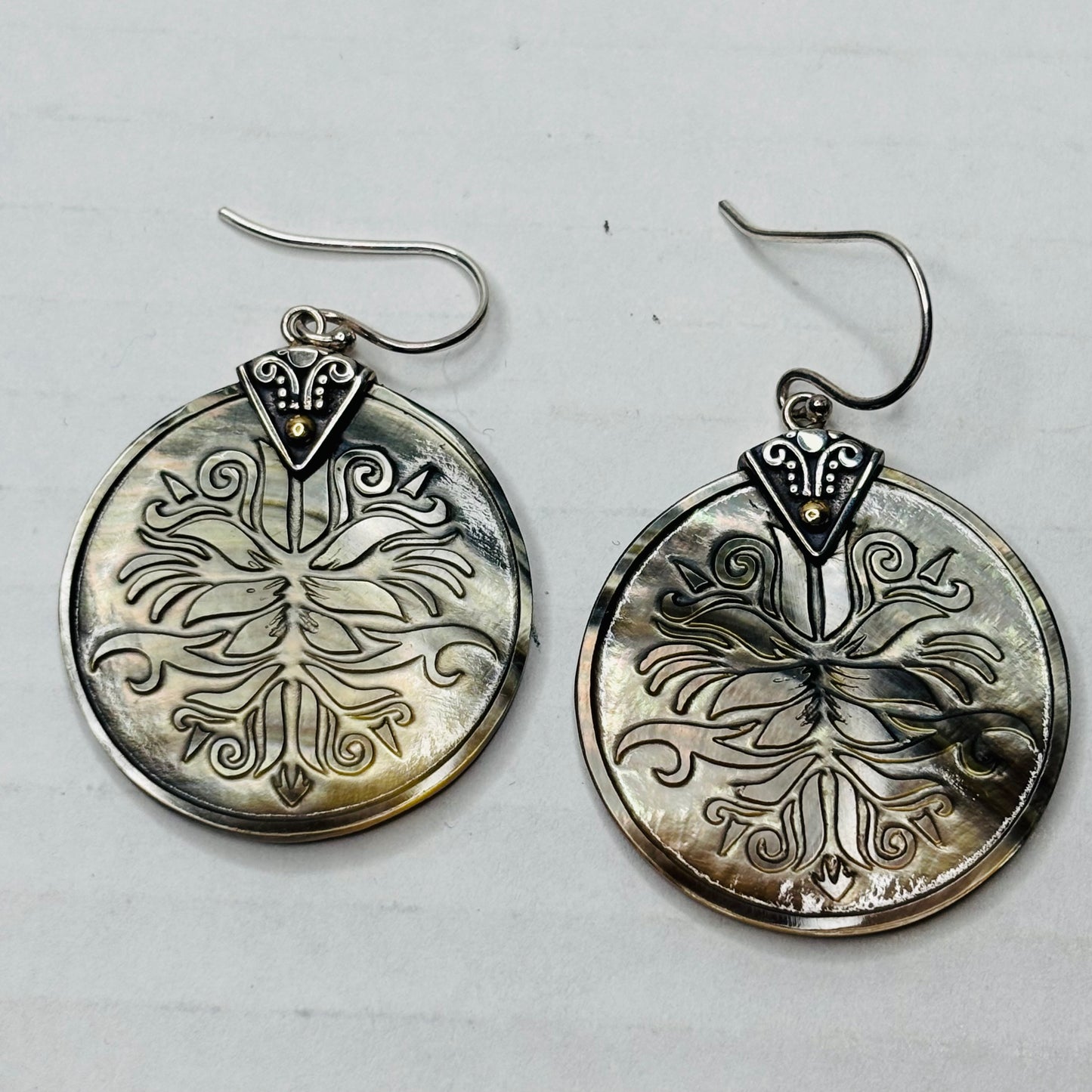 SAMUEL B. 18K Gold & Sterling Silver Carved Mother of Pearl Earrings