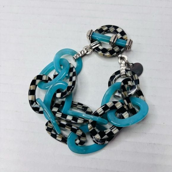 MACKENZIE-CHILDS Plaid Turquoise Chunky Link Bracelet