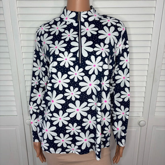 LULU B Floral Navy Blue Button Tunic Size Medium