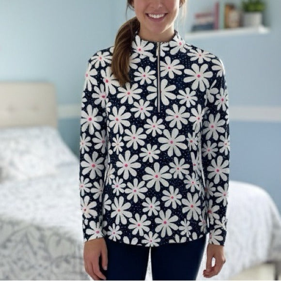 LULU B Floral Navy Blue Button Tunic Size Medium