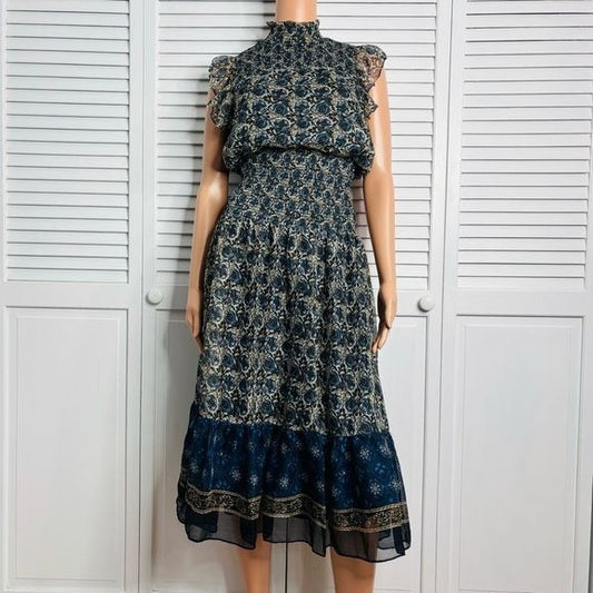 AQUA Chiffon Blue Patterned Midi Dress Size Small