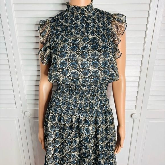 AQUA Chiffon Blue Patterned Midi Dress Size Small