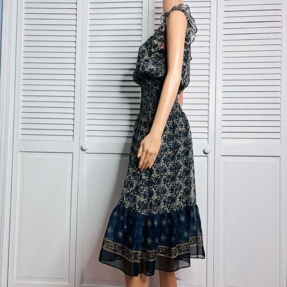 AQUA Chiffon Blue Patterned Midi Dress Size Small