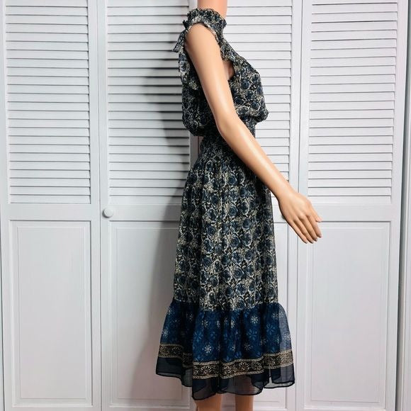 AQUA Chiffon Blue Patterned Midi Dress Size Small