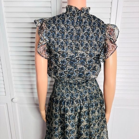 AQUA Chiffon Blue Patterned Midi Dress Size Small