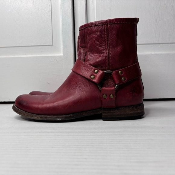 FRYE Phillip Harness Red Leather Round Toe Boots Size 8