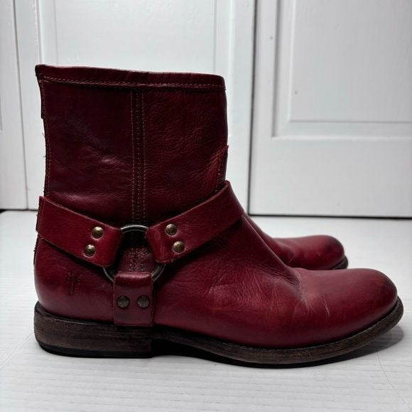 FRYE Phillip Harness Red Leather Round Toe Boots Size 8