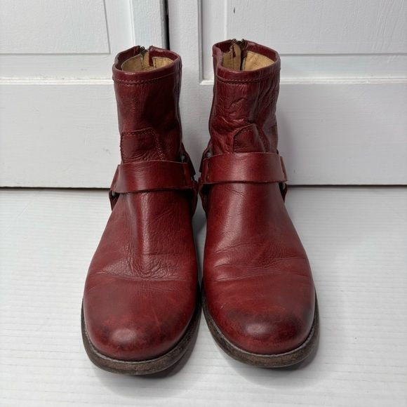 FRYE Phillip Harness Red Leather Round Toe Boots Size 8