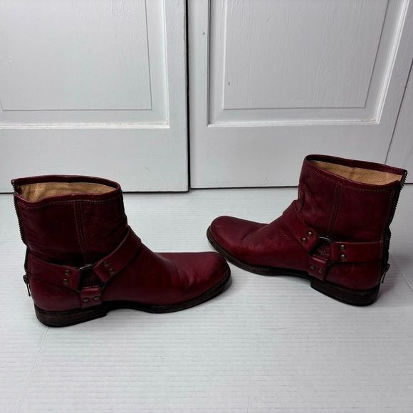 FRYE Phillip Harness Red Leather Round Toe Boots Size 8