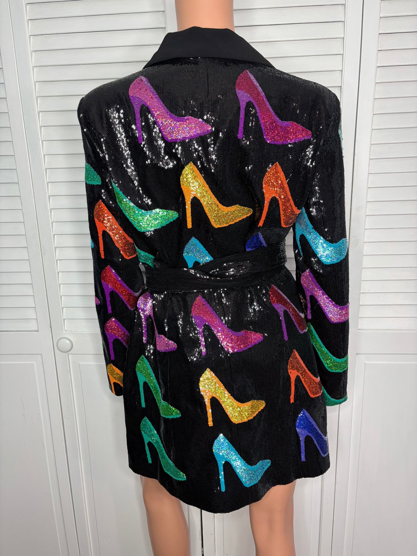 New QUEEN OF SPARKLES Black Sequined Stiletto Blazer Dress Size Medium