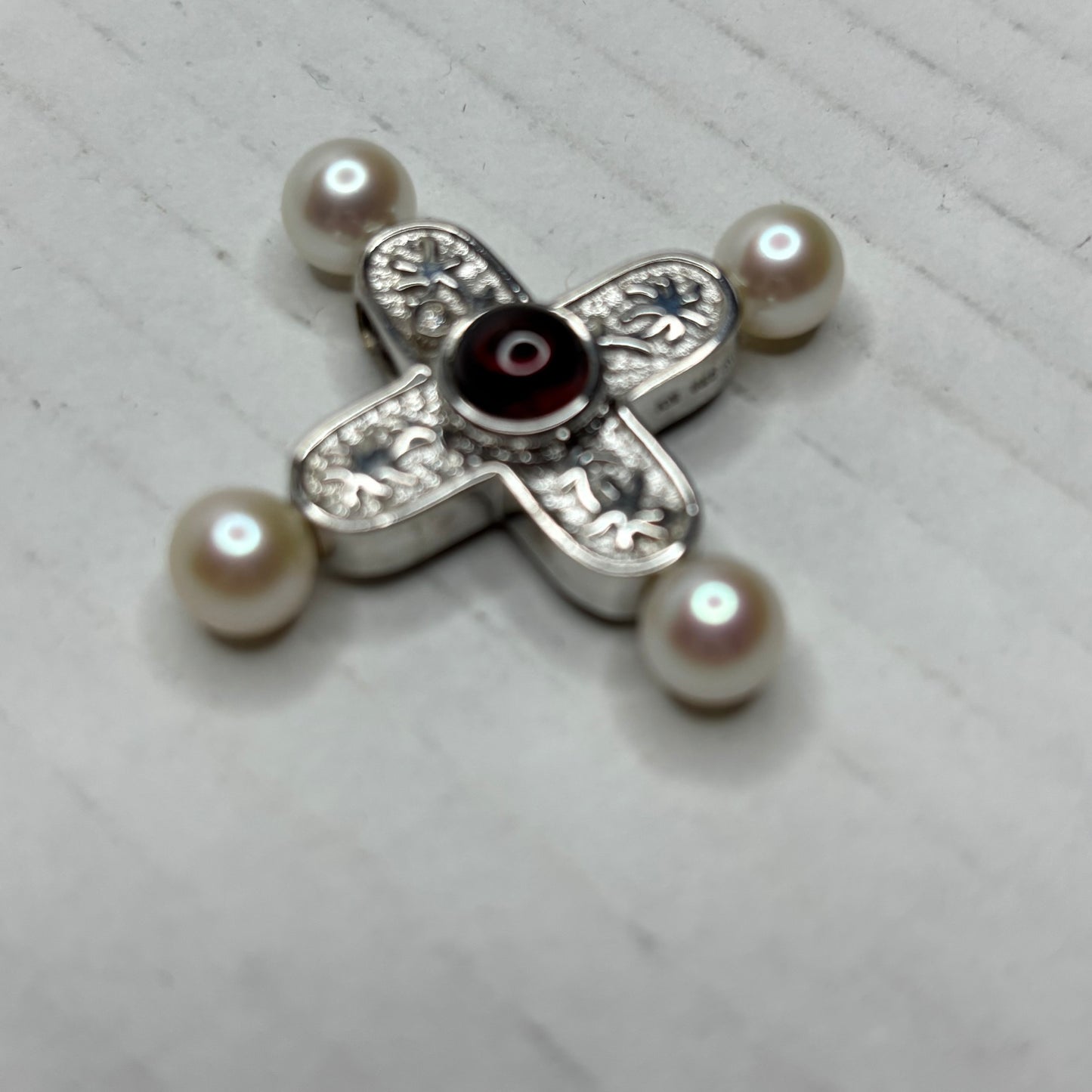 Vintage Sterling Silver Pearl & Garnet Cross Pendant