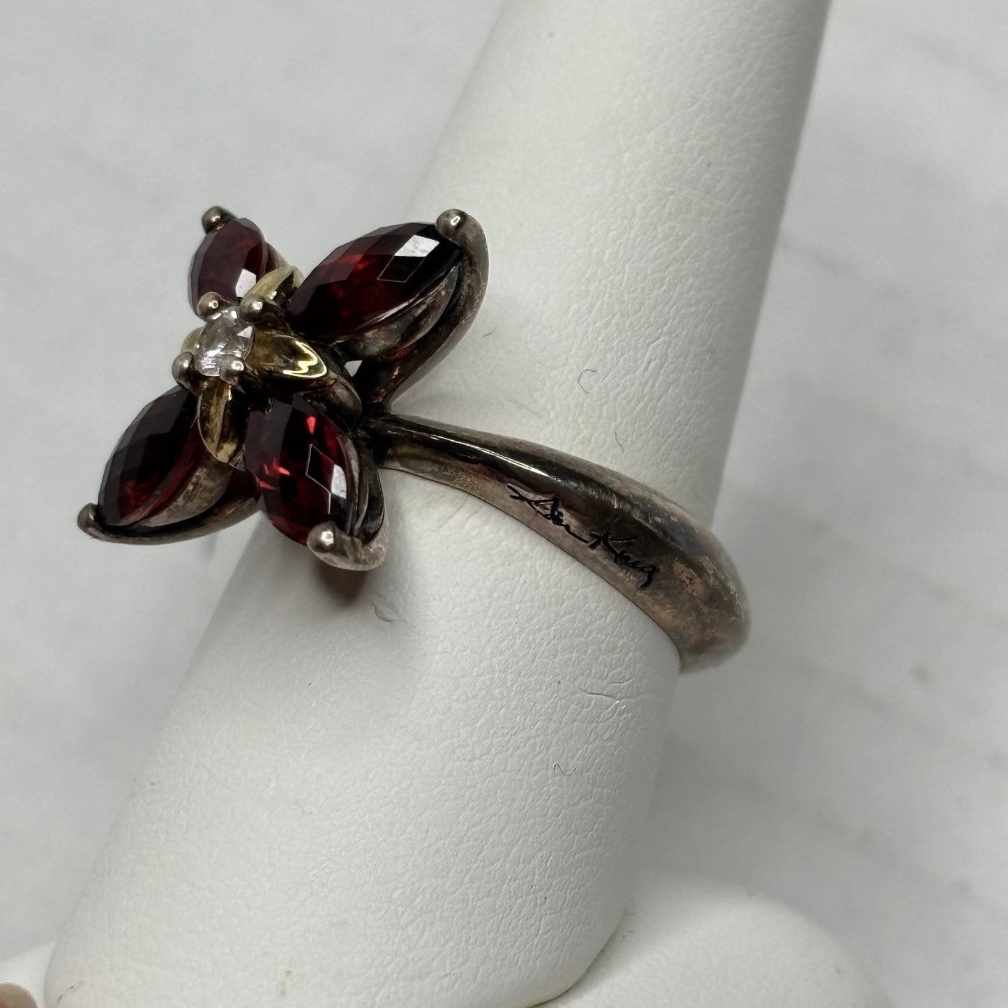 ANN KING 18K Gold Sterling Silver Garnet Flower Ring Size 8