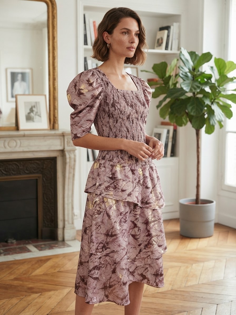 New IVY CITY CO. Michelle Dress Mauve Metallic Marble Puff Sleeve Smocked Dress Size Small