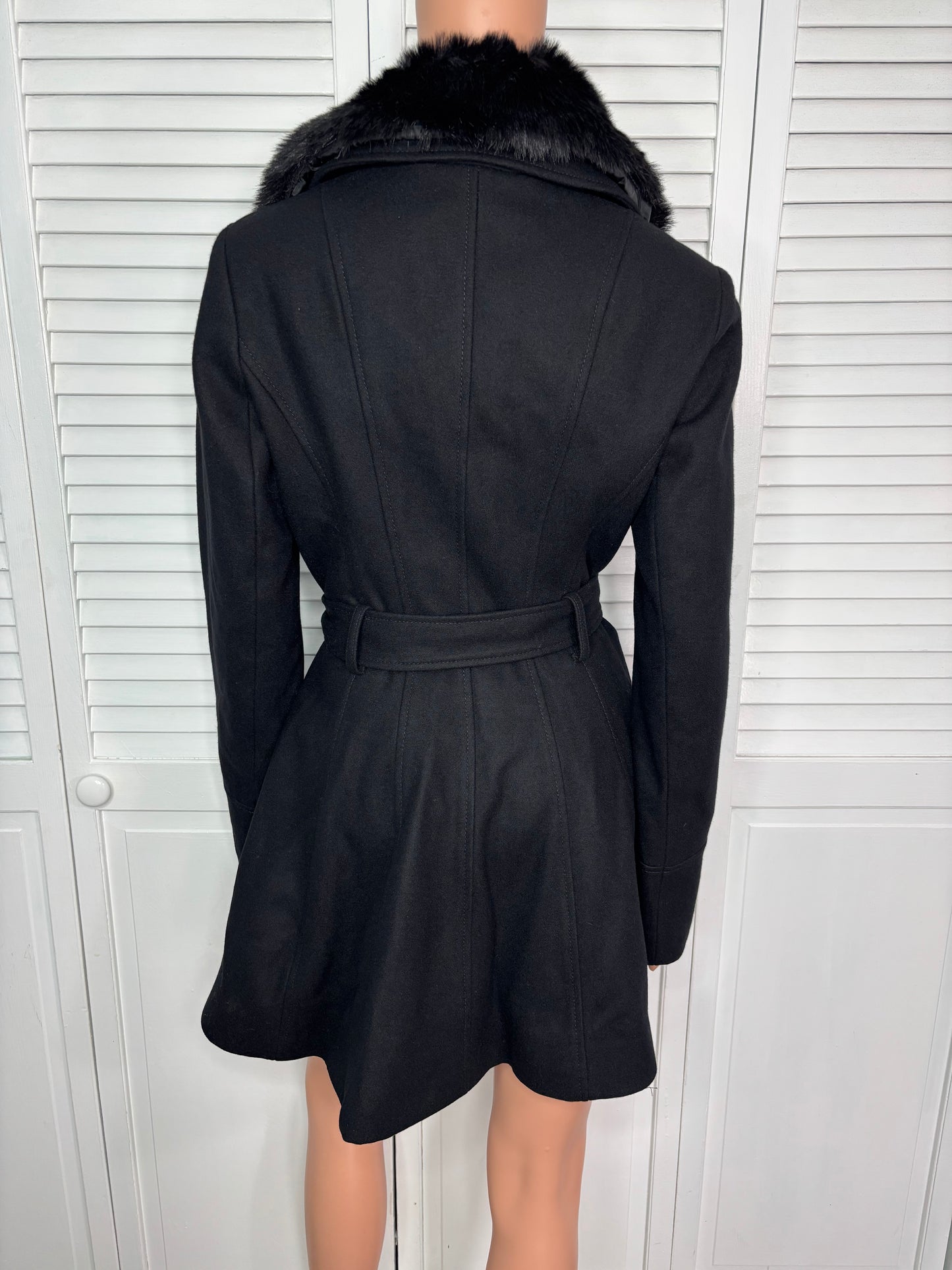 LAUNDRY Wool Blend Belted Coat with Detachable Faux Fur Collar Size Small