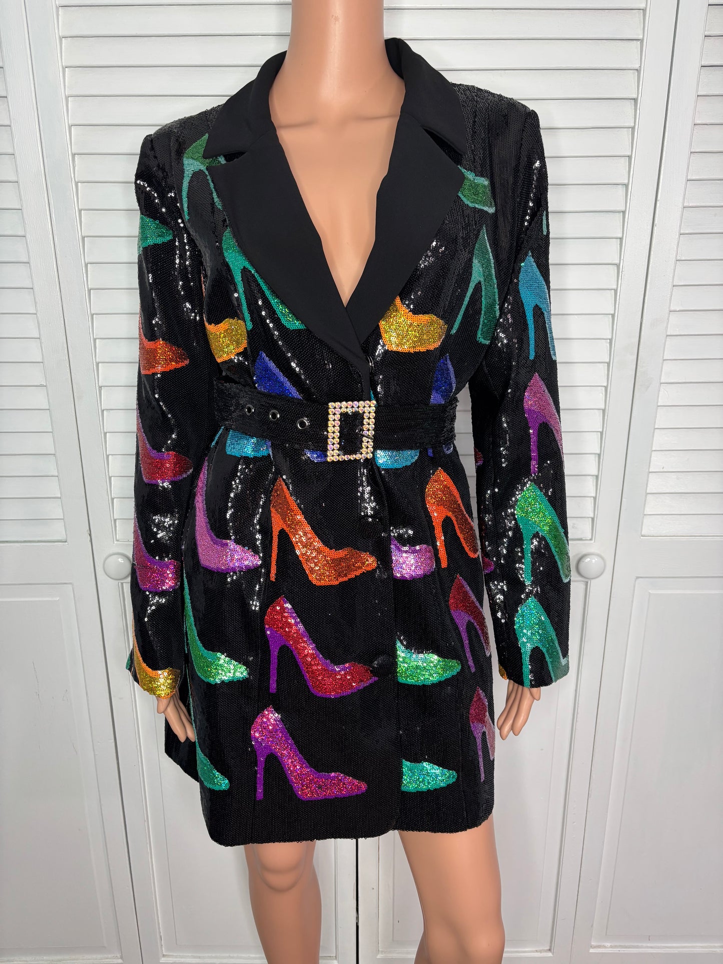 New QUEEN OF SPARKLES Black Sequined Stiletto Blazer Dress Size Medium