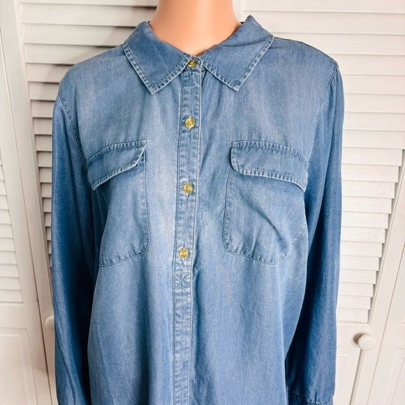 *NEW* CJ BANKS Blue Long Sleeve Lightweight Denim Shirt Size 1X