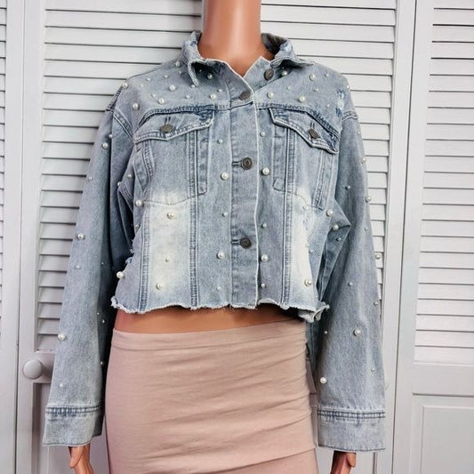 PEACH LOVE Cropped Beaded Pearls Denim Jacket Size Large