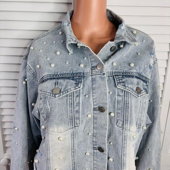 PEACH LOVE Cropped Beaded Pearls Denim Jacket Size Large