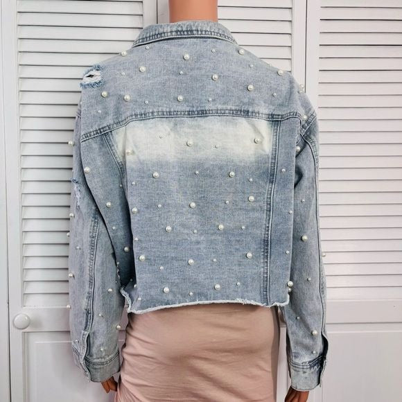 PEACH LOVE Cropped Beaded Pearls Denim Jacket Size Large