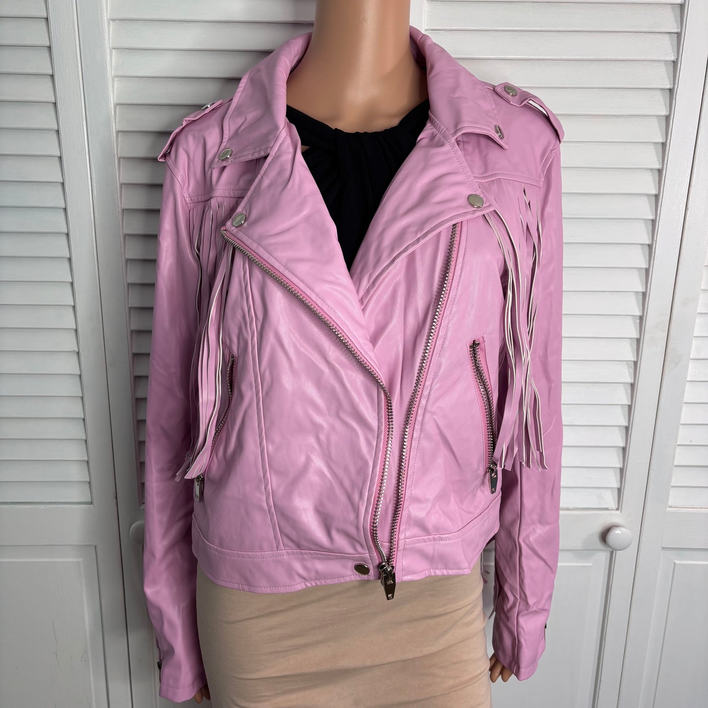 *New* BUDDY LOVE Francesca Fringe Vegan Leather Jacket in Pink Size Large