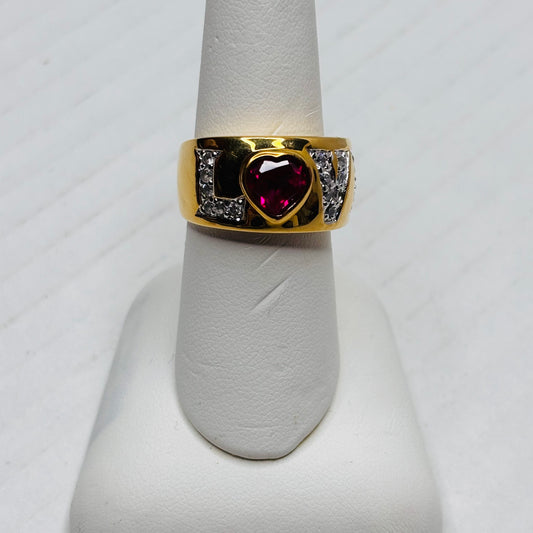 14K Yellow Gold “LOVE” with Ruby Heart and Diamond Set Gold Vintage Ring Size 7