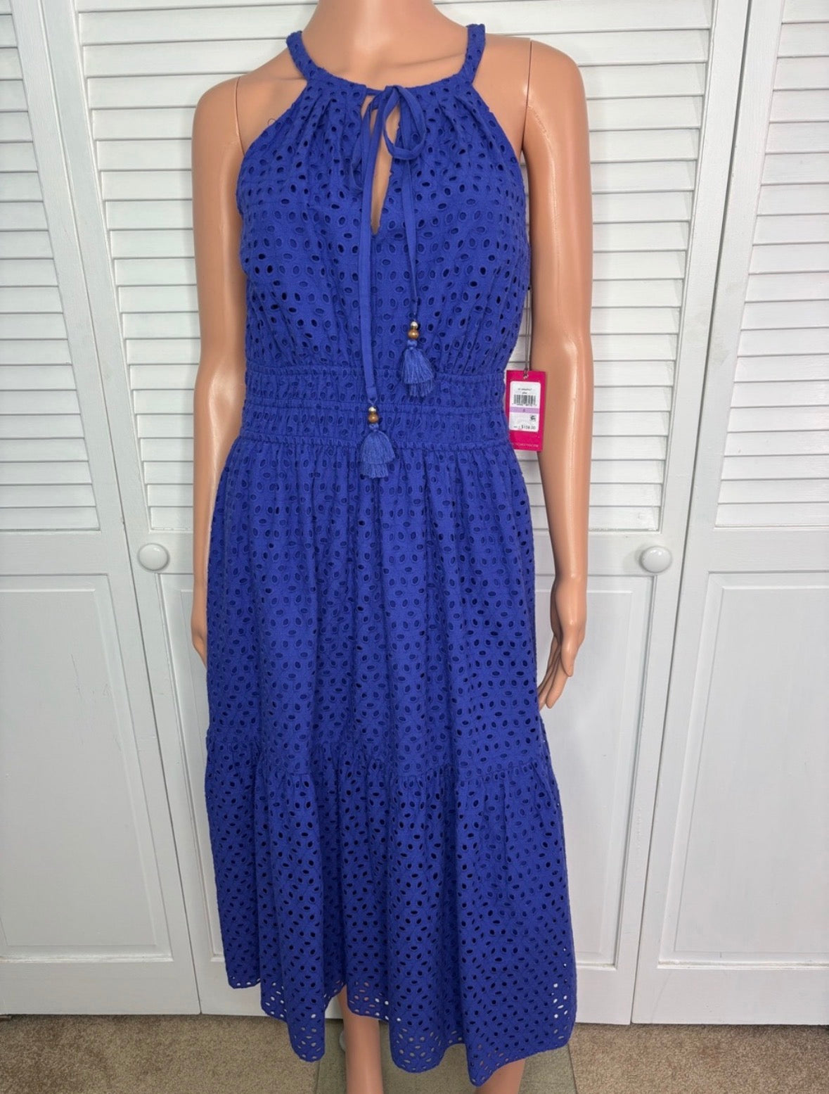 VINCE CAMUTO Blue Eyelet Halter Tiered Midi Dress Size 6
