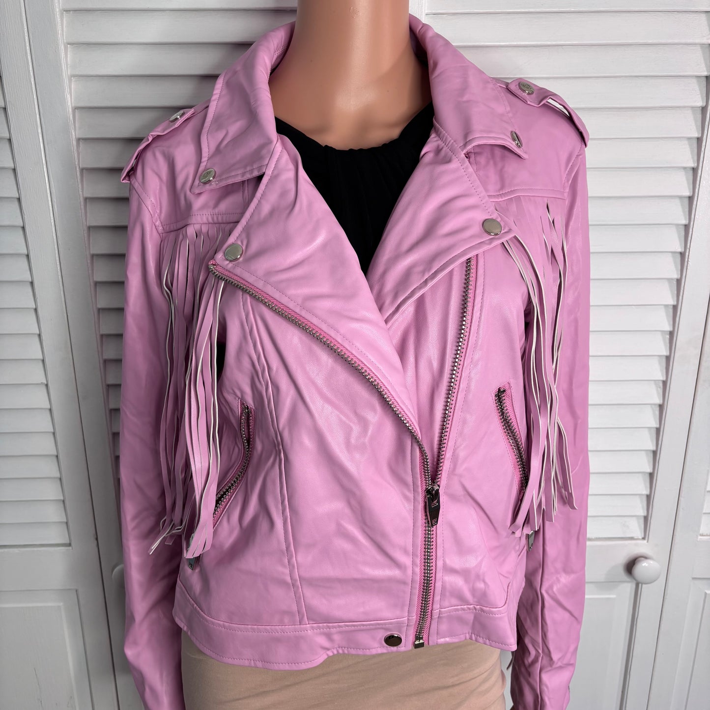 *New* BUDDY LOVE Francesca Fringe Vegan Leather Jacket in Pink Size Large