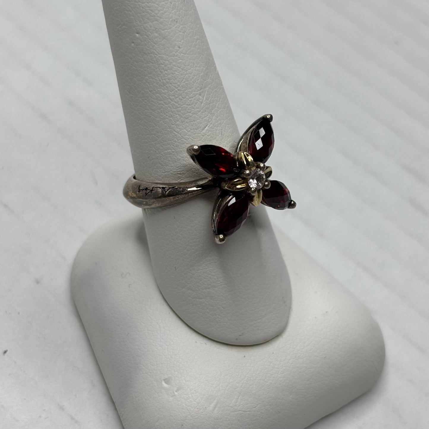 ANN KING 18K Gold Sterling Silver Garnet Flower Ring Size 8