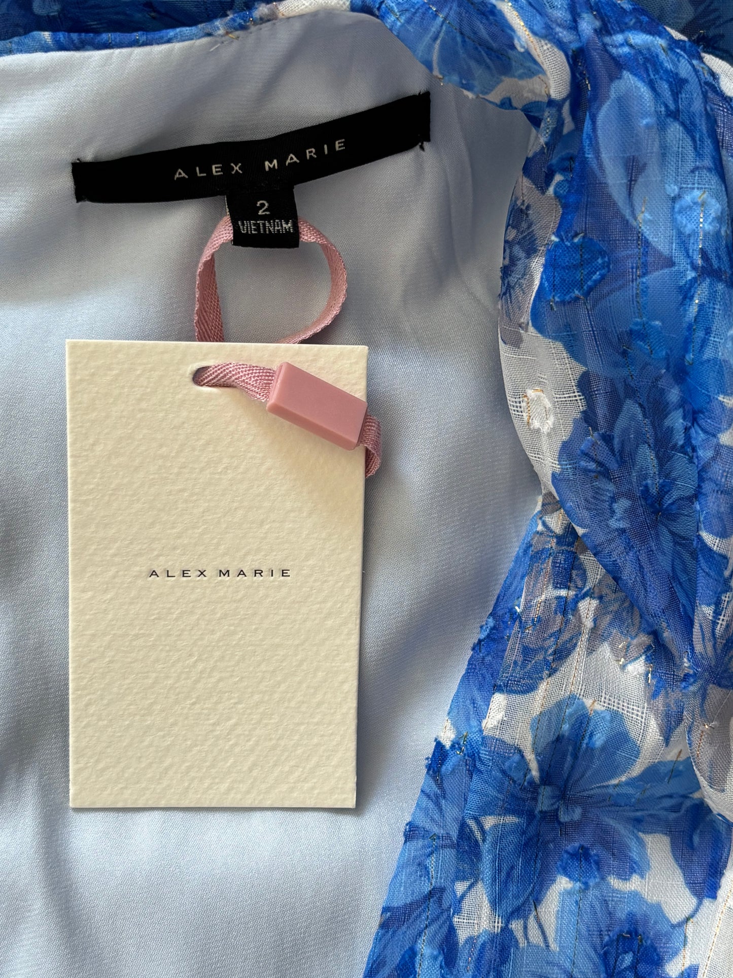 New ALEX MARIE Simone Blue Floral Metallic Chiffon Dress Size 2