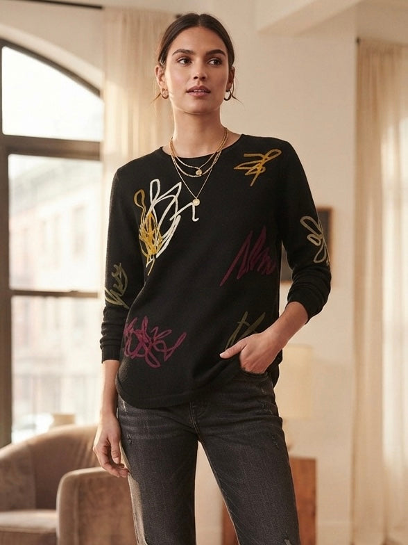 CHARLIE B Black Scribble Print Sweater Size Medium