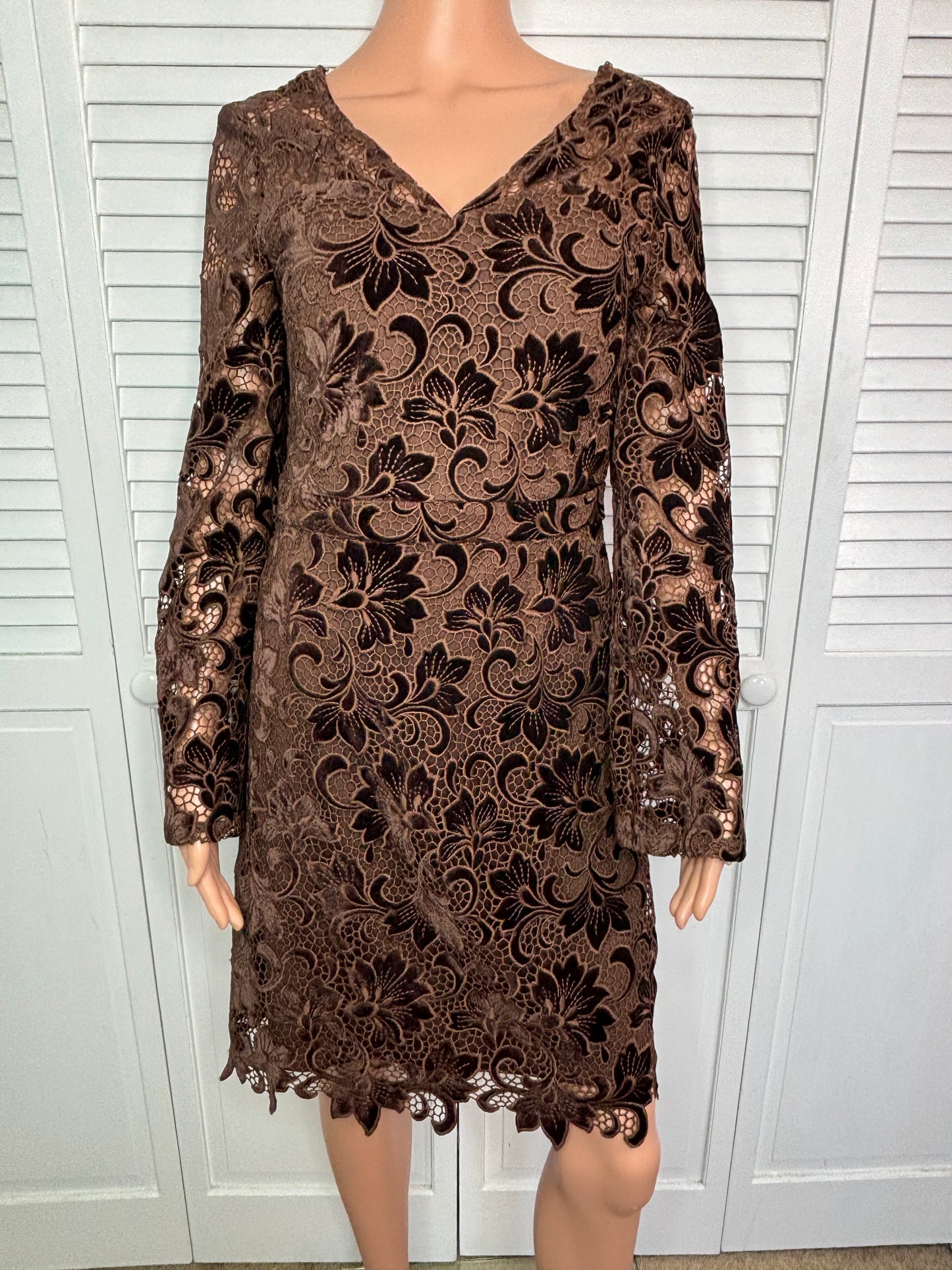 KENSIE Brown Velvet Burnout Lace Long Sleeve V-Neck Sheath Dress Size 4