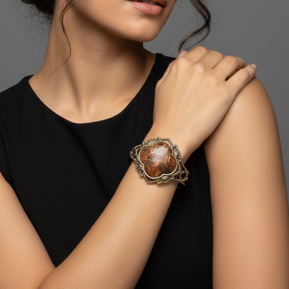 STUDIO BARSE Rare Brecciated Jasper Large Ornate Brass Cuff Bracelet