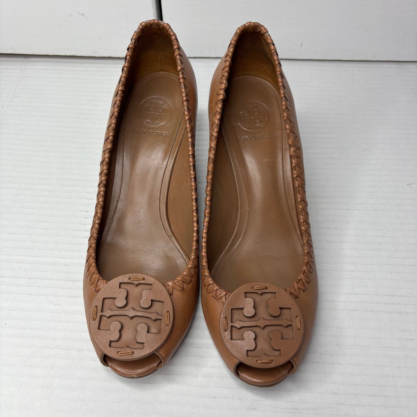 TORY BURCH "Sally" Peep-Toe Wedges in Royal Tan Leather Size 8