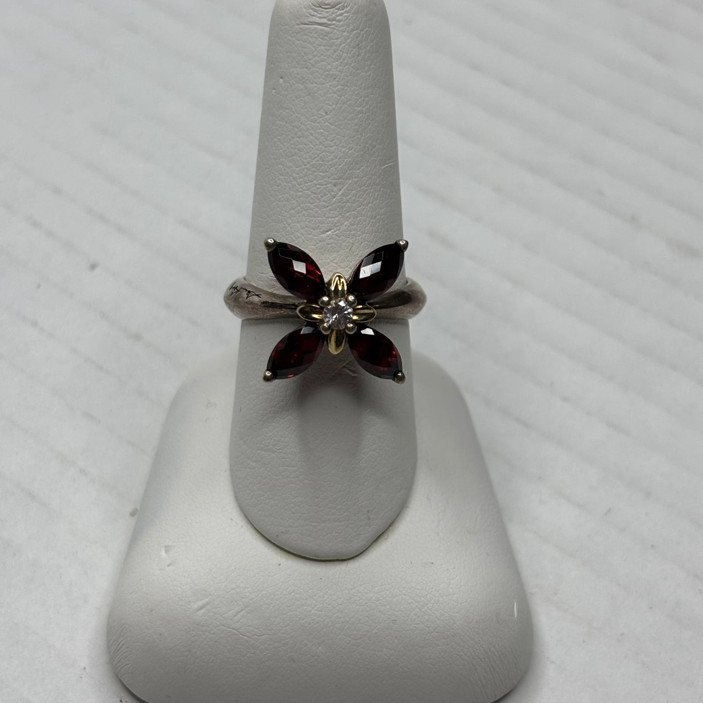 ANN KING 18K Gold Sterling Silver Garnet Flower Ring Size 8