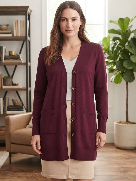 CHICO’S Ella Pocketed Burgundy Cardigan Sweater Size Medium