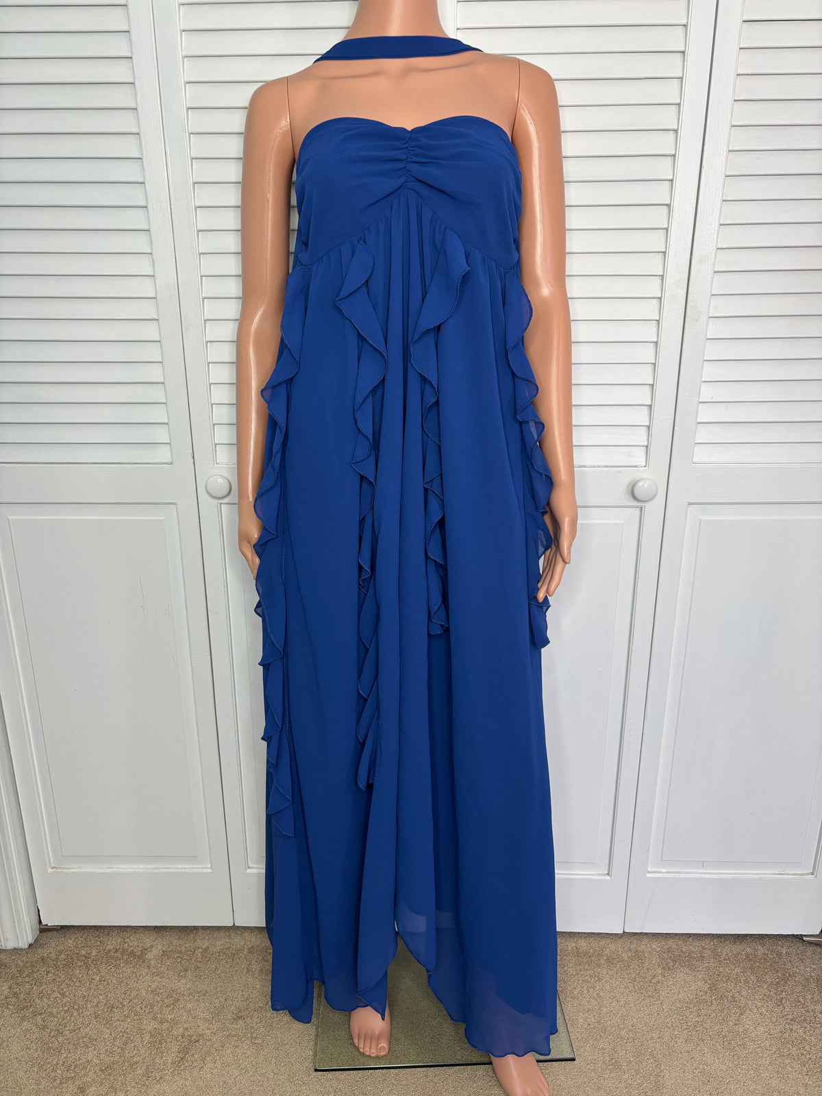 New SKY TO MOON "Lainey Maxi" Blue Chiffon Ruffle Dress Size Large