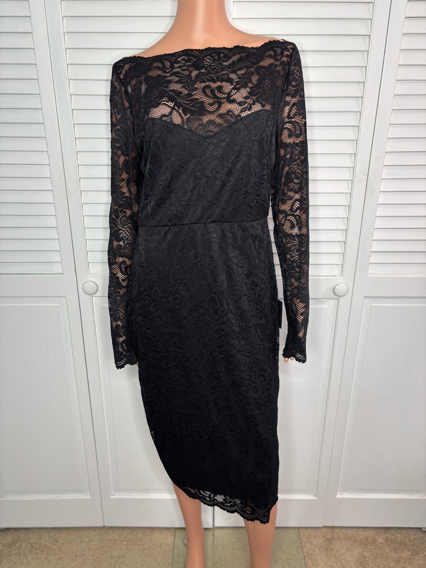 New LULUS Black Margalo Lace Long Sleeve Bodycon Dress Size XL